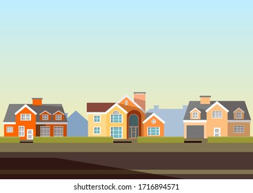 Flat vector illustration of a small town on a background of blue sky. The character of the mansions located along the highway and pleasant sunlight.