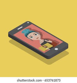 Flat vector illustration of a smart phone in isometric view during a video.