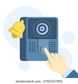 Flat vector illustration of a smart video doorbell system. Shows camera monitoring, home security alerts, remote access, and modern smart-home technology for enhanced safety and convenience.