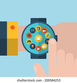 Flat vector illustration of smart watch or wearable on hand device