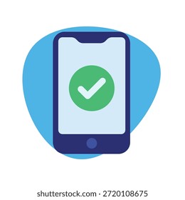 Flache Vektorgrafik eines Smartphones mit grünem Häkchen. Konzept für mobile Verifizierung, Erfolg und sichere Zulassung, einzeln auf weiß.