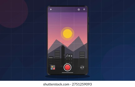 A flat vector illustration of a smartphone screen displaying a camera interface capturing a sunset over a city skyline and mountains against a dark blue grid background.