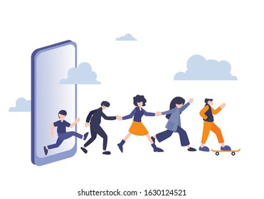 Flat vector illustration, Smartphone and user, phone with line of people walking from screen. Referral system, refer friend, making money recommending new group. Group customers.