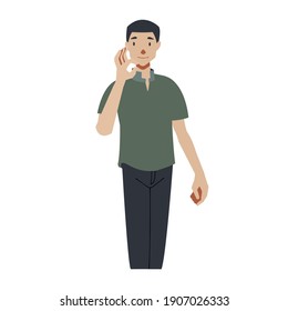 flat vector illustration, smiley man raise hand and show OK signal  
