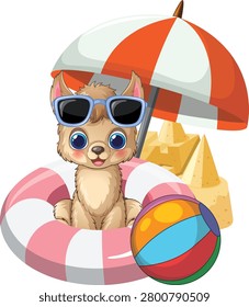 Flat vector illustration of a smiling alpaca with beach ball, umbrella, and sand castle.