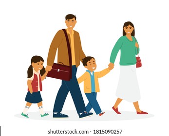 Flat Vector Illustration Of Smiling Asian Family With Kids. Young Parents With Children Walking.