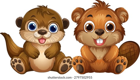 Flat vector illustration of a smiling baby otter and beaver on a white background.