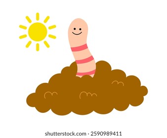 Flat vector illustration of a smiling cartoon earthworm emerging from soil under the sun, isolated on white background.