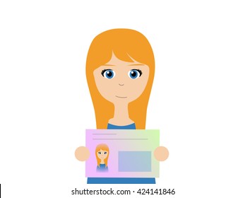 Flat vector illustration of a smiling caucasian woman holding Japanese my number card.