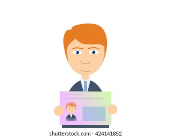 Flat vector illustration of a smiling caucasian guy holding Japanese my number card.