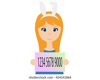 Flat vector illustration of a smiling caucasian woman holding Japanese my number card.