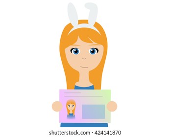 Flat vector illustration of a smiling caucasian woman holding Japanese my number card.