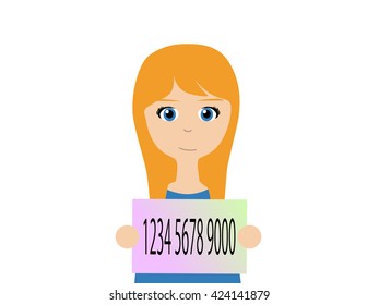 Flat vector illustration of a smiling caucasian woman holding Japanese my number card.