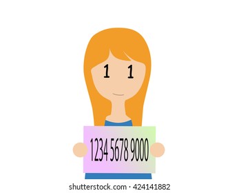 Flat vector illustration of a smiling caucasian woman holding Japanese my number card.