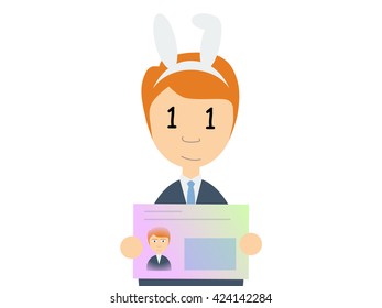 Flat vector illustration of a smiling caucasian guy holding Japanese my number card.