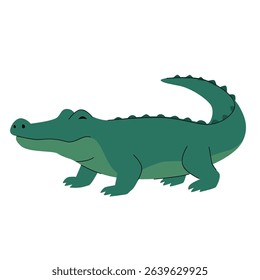 Flat vector illustration of a smiling crocodile with dark green body, light green belly, and a curved tail. Cute and simple design, ideal for childrens books, safari, or jungle themes. Vector
