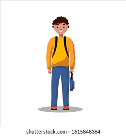 Flat vector illustration of smiling curly-haired boy teenager standing with backpack, travel and tourism concept