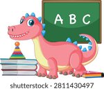 Flat vector illustration of a smiling dinosaur beside books, toys, and an ABC chalkboard.