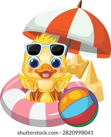 Flat vector illustration of a smiling duckling wearing sunglasses with summer beach toys.