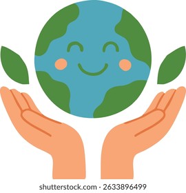 Flat vector illustration of a smiling Earth cradled in open hands with green leaves, symbolizing care for the environment on World Environment Day.

