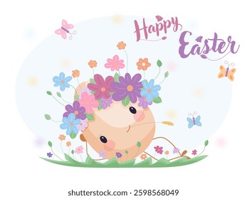 Flat vector illustration of a smiling Easter egg with a floral wreath, lying on grass with butterflies flying around. Perfect for greeting cards, invitations and festive holiday decorations