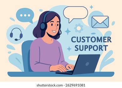 Flat vector illustration of smiling female customer support operator with headset and laptop. Perfect for websites, call centers, help desks, business services, or tech support platforms, vacancies