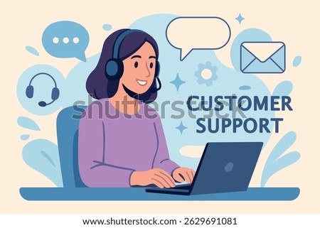 Flat vector illustration of smiling female customer support operator with headset and laptop. Perfect for websites, call centers, help desks, business services, or tech support platforms, vacancies