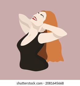 Flat vector illustration. 
Smiling free redhead woman in dress. Freedom, happiness, ease. Psychology