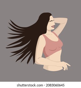 Flat vector illustration. Smiling girl with arms outstretched. Wind in her hair. Freedom, happiness, ease. Psychology