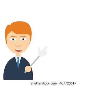 Flat vector illustration of  a smiling handsome salesman making a presentation 