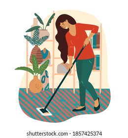 Flat vector illustration of a smiling housewife mopping the floor with a MOP. Happy young woman doing her homework. The concept of home activity and keeping the house clean.