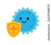 Flat vector illustration of a smiling immune cell holding a yellow shield with a medical cross, symbolizing protection and body defense system, suitable for healthcare and medical education themes.