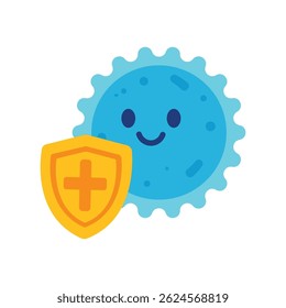 Flat vector illustration of a smiling immune cell holding a yellow shield with a medical cross, symbolizing protection and body defense system, suitable for healthcare and medical education themes.