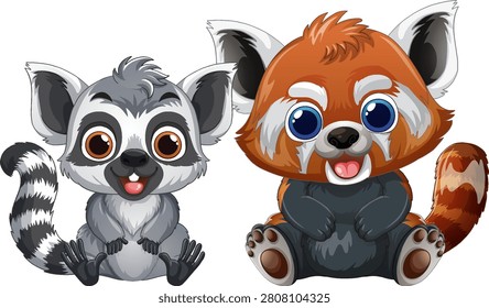 Flat vector illustration of a smiling lemur and red panda with large expressive eyes.