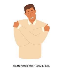 A flat vector illustration of a smiling man hugging himself by the shoulders. The concept of mental health, self-esteem and peace of mind. Self-love and self-acceptance.