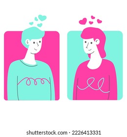 flat vector illustration Smiling man and woman at first glance. the meeting of happy men and women became interested. Affectionate feeling of love, relationship concept. Cartoon character with attract