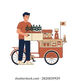 Flat vector illustration of a smiling man standing next to a mobile coffee cart on a cargo bicycle with an espresso machine and small plants.
