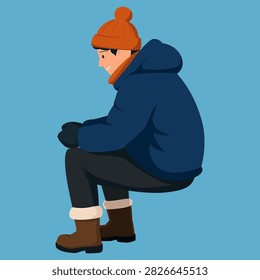 Flat vector illustration of a smiling man wearing a blue hooded parka, orange pom-pom beanie, dark gloves and fur-lined boots, sitting hunched forward as if fishing. Isolated on a blue background with copy space — great for ice fishing, winter activity and cold-weather designs.