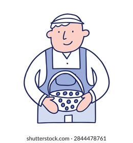 A flat vector illustration of a smiling man dressed in blue overalls holding a woven basket filled with blueberries.
