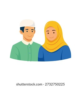 Flat vector illustration of a smiling Muslim couple, a man in a green shirt and a woman in a blue dress with yellow hijab