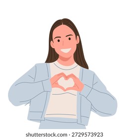Ilustración vectorial plana de personas sonrientes que muestran amor y afecto a través de signos de la mano del corazón y gestos del corazón con los dedos. Personajes de dibujos animados modernos que expresan amabilidad, romance, amistad y emociones positivas. Perfecto para diseños de San Valentín, contenido de redes sociales, campañas, carteles, App e ilustraciones de Sitio web.