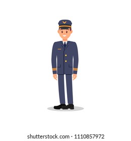 Flat vector illustration of smiling pilot. Young captain of aircraft. Element for promo poster of airline
