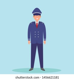 
Flat vector illustration of smiling pilot. Young captain of aircraft. Element for promo poster of airline