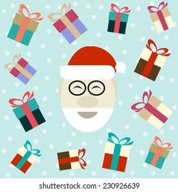 Flat vector illustration of smiling Santa Claus with gifts on a blue background