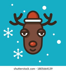 Flat vector illustration with smiling Santa's reindeer and snowflakes. Cute icon for sticker, card, print, web or other design. Colorful Christmas image.
