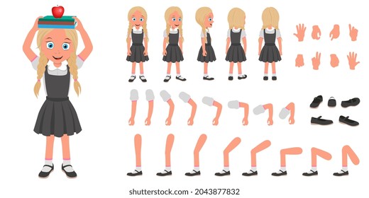 Flat Vector Illustration of Smiling Schoolgirl Wearing School Uniform and with Stack of Books, Cartoon Character Set For Animation, Various Views, Poses and Gestures