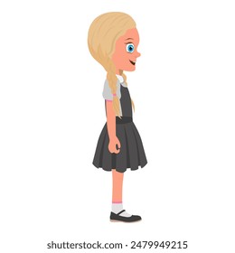 Flat Vector Illustration of Smiling Schoolgirl Wearing School Uniform and with Stack of Books, Cartoon Character Set For Animation, Various Views, Poses and Gestures. Item 1