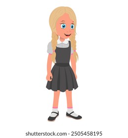 Flat Vector Illustration of Smiling Schoolgirl Wearing School Uniform and with Stack of Books, Cartoon Character Set For Animation, Various Views, Poses and Gestures. Item 4