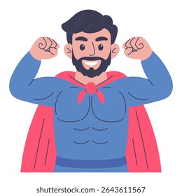 Flat vector illustration of smiling strong superhero man flexing muscles. Cartoon character in red cape isolated on white background