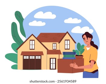 Flat vector illustration of a smiling woman holding a box with books and a plant in front of a cozy suburban house. Surrounded by green leaves, clouds, and a bright atmosphere
